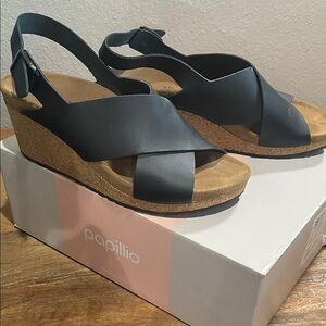 Papillio Samira Black Crisscross Cork Wedge Sandals